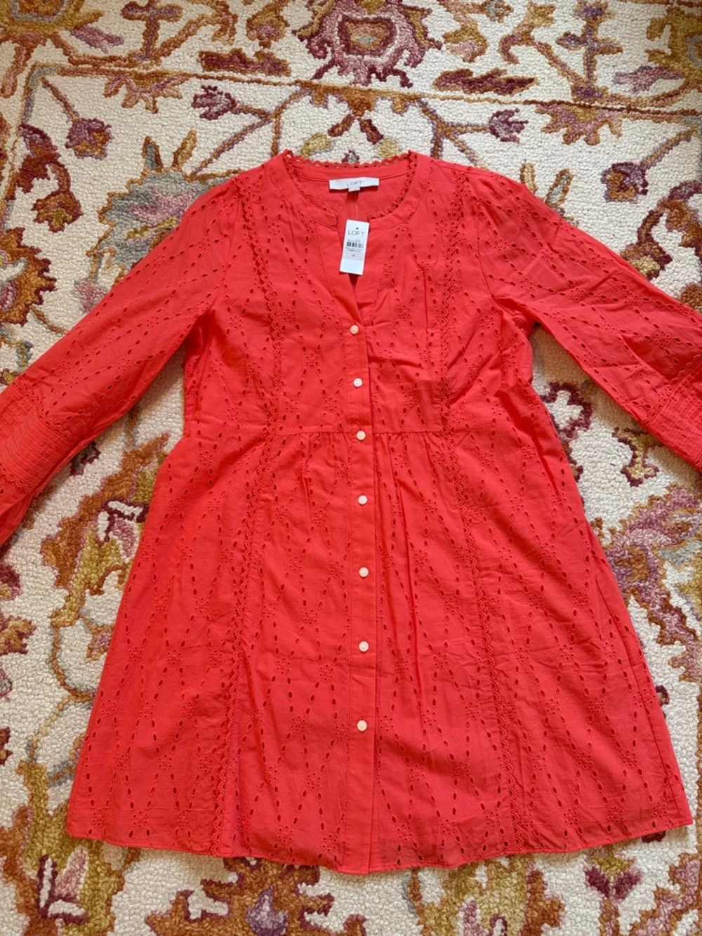 4/$25 SALE LOFT Coral Eyelet Button-Front Dress with Scalloped Neckline - Picture 5 of 8